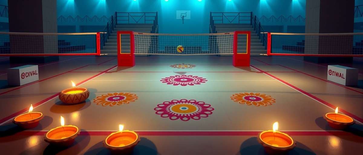Diwali Dhamaka Volley match with traditional Indian court decorations Diwali Dhamaka Volley gameplay showing volleyball match with rangoli patterns on court and diya decorations