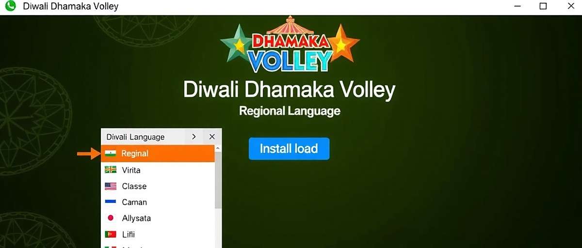 Installing Diwali Dhamaka Volley with Indian language options Diwali Dhamaka Volley download and installation screen showing regional language selection for Indian users